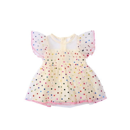 

Baby Girl Ruffle Mesh Tulle Shiny Flying Sleeve Polka Dot Tutu Dress