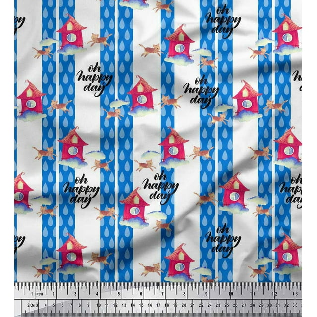 Soimoi Poly Georgette Fabric Stripe,Hut & Cat Animal Printed Fabric 1 Yard 42 Inch Wide