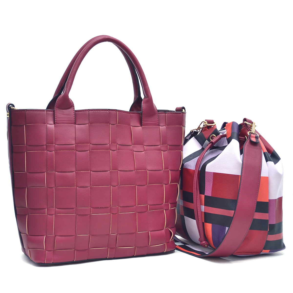 Dasein Faux Leather Checkered/Plaid Designed Tote with Bucket Bag - 0