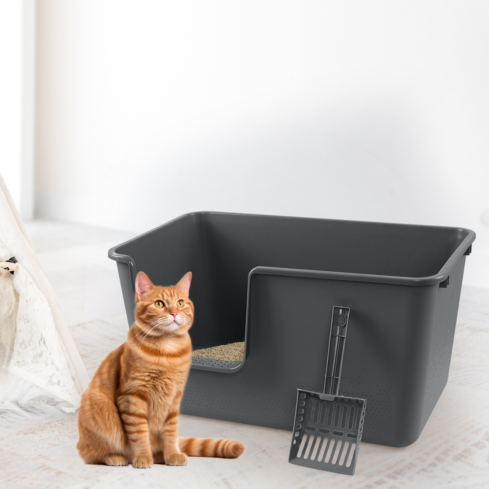Gloreen 4-Pack Large Cat Litter Box with High Sides, Plastic Open Top Cat Litter Box, Grey