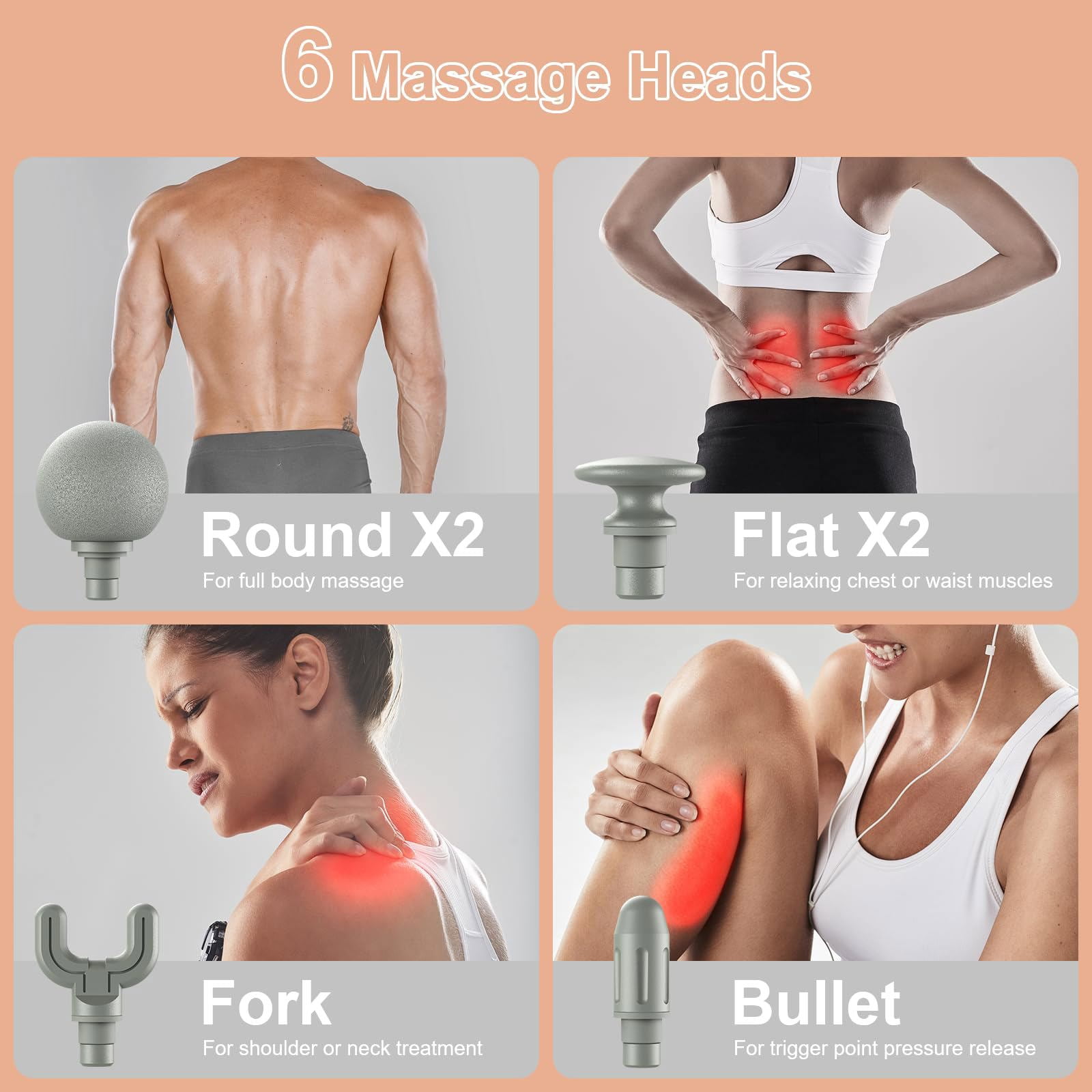 LumixPro Extended Handle Massage Gun, 6 Heads Deep Tissue Back Massager, 6 Speeds Percussion Muscle Massager for Pain Relief, Cordless for Home Gym