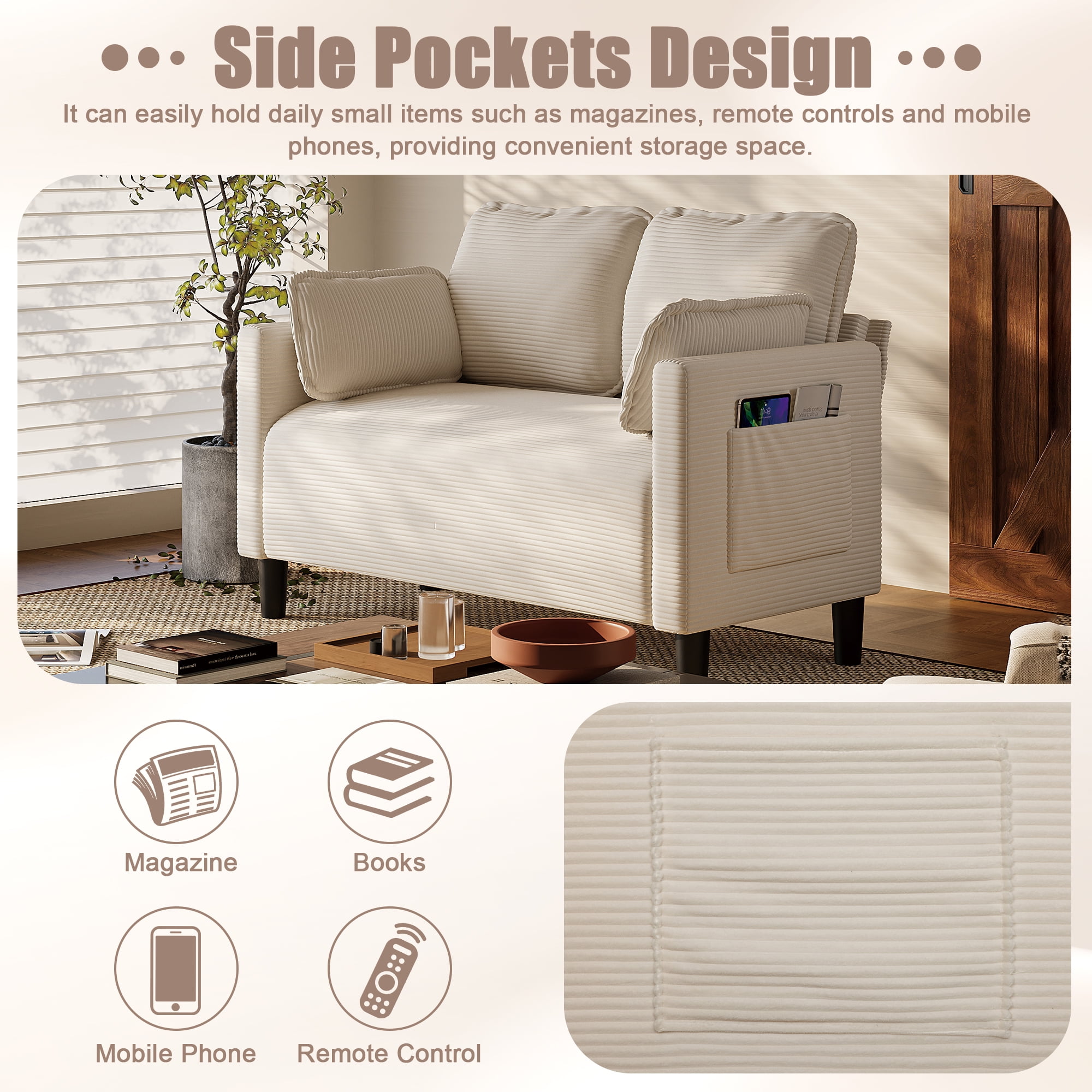 Jopath Sofa 48" Soft Corduroy Loveseat Couch W/Soft Cushions,Side Storage Pocket,Sturdy Composite Board & Solid Wood Frame, High Rebound Sponge,Ideal For Living Room,Apartment,Dorm White
