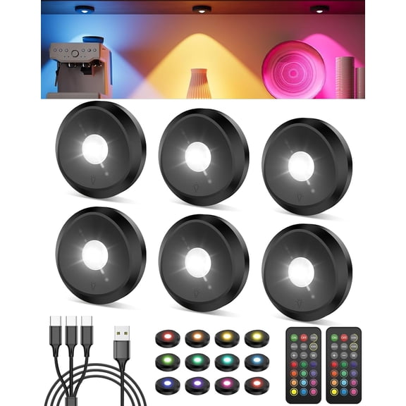 Tedmos Black Rechargeable Puck Lights with Remote, 2400mAh RGB Color Changing Under Cabinet Lighting, Wireless Shower Magnetic Push Light for Kitchen Counter Closet Shelf Battery Powered Tap Light
