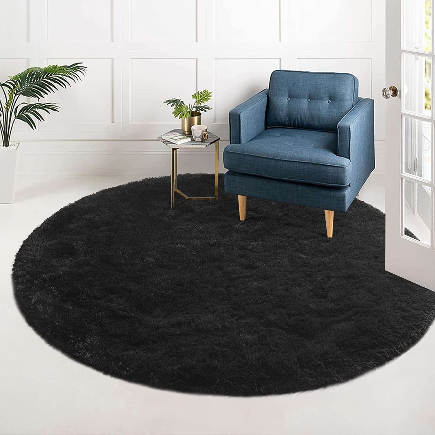 Junovo Luxury Round Fluffy Area Rugs for Bedroom Kids Girls Room Nursery,Super Soft Circle Rug,Cute Shaggy Carpet For Living Room,5'x5',Black
