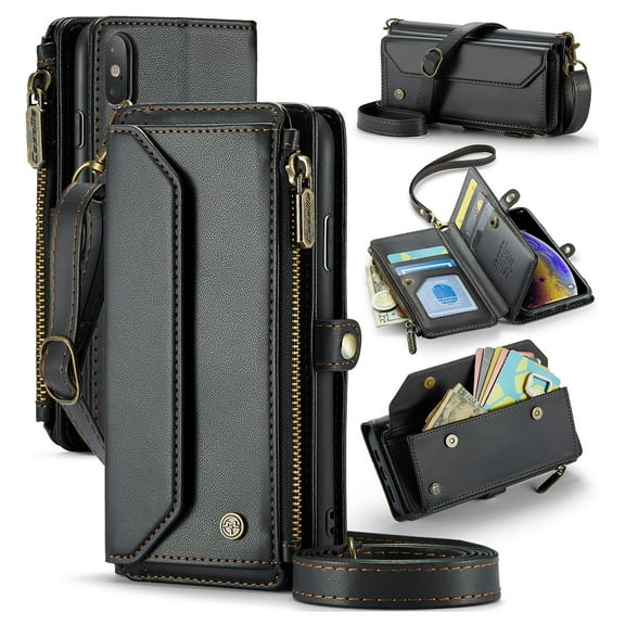Crossbody for iPhone X/XS Case Wallet【RFID Blocking】with 10-Card Holder Zipper Bills Slot, Soft PU Leather Magnetic Shoulder Wrist Strap for iPhone X/XS Wallet Case Women, Black