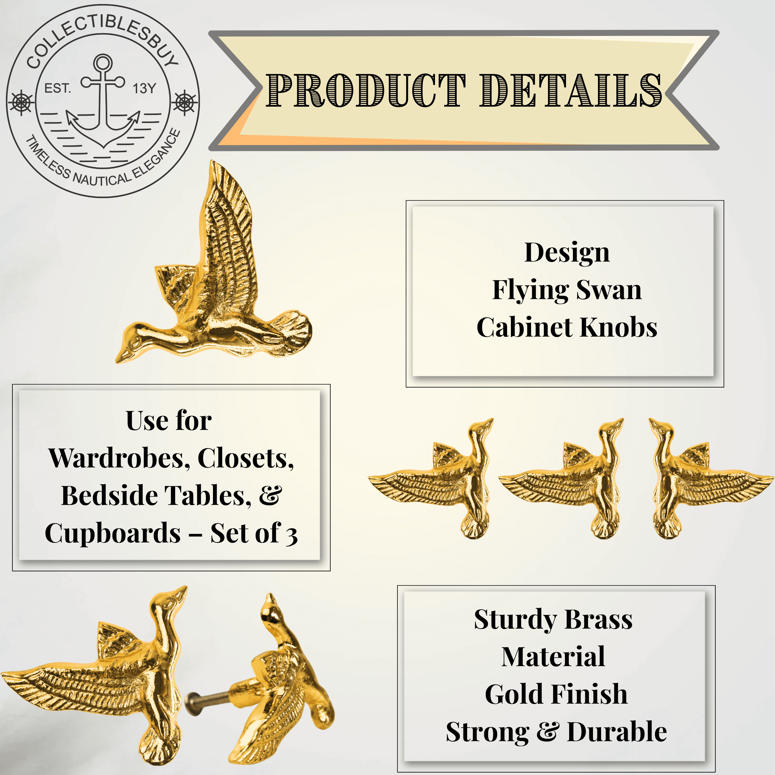 Elegant Brass Swan Cabinet Knob – Golden Flying Bird Drawer Pull Handle for Dresser, Wardrobe, Closet & Home Furniture | Decorative Vintage Hardware (Set of 3)