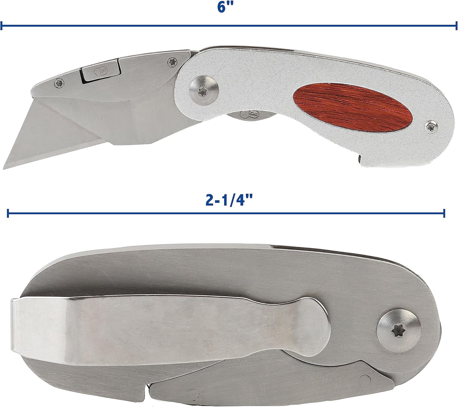 Folding Utility Knife, Accepts Standard Utility Knife Blades, Box Cutter Aluminum Handle, Attractive Wood Finish, For Home, Office, Trades, and Warehouse