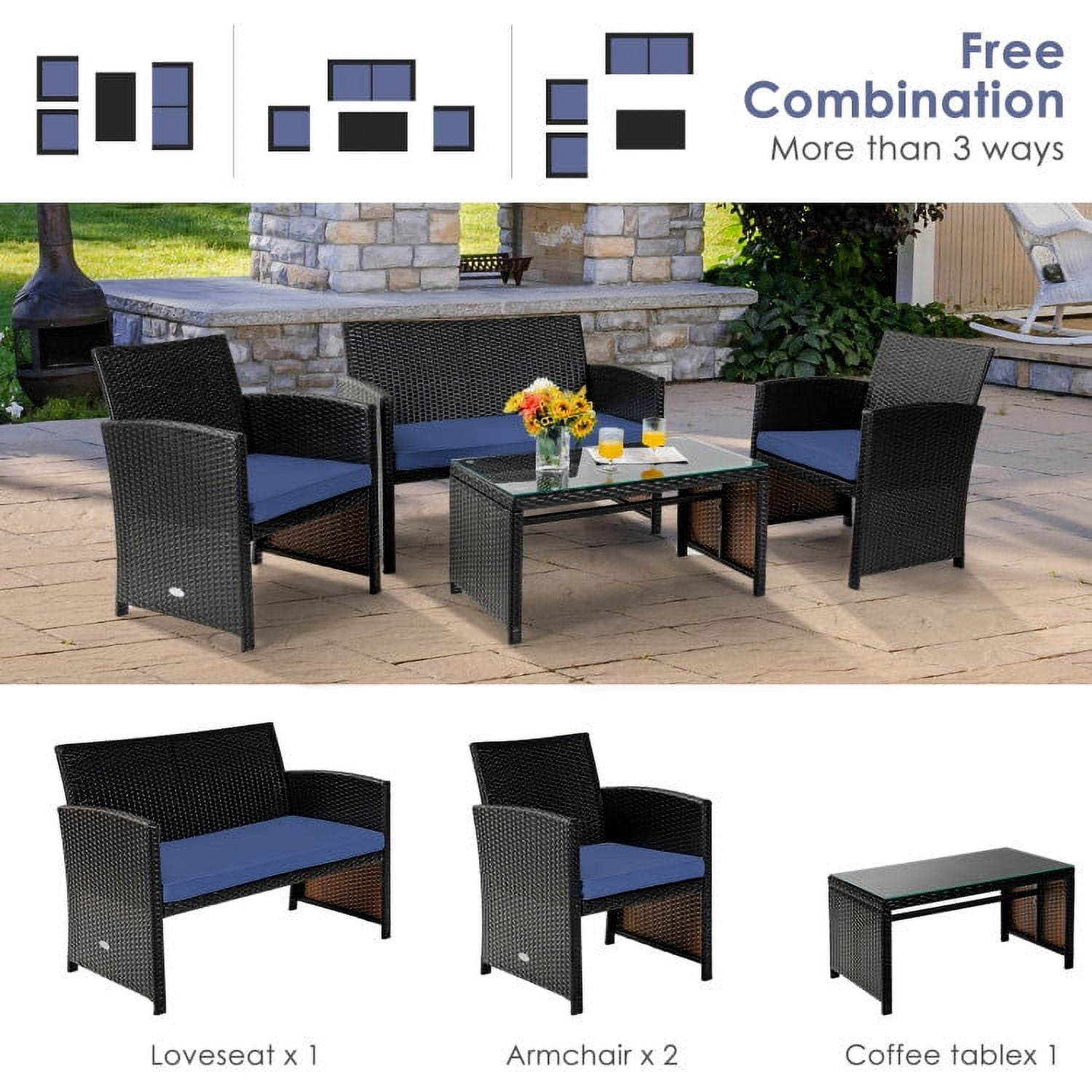 Aimee Lii 4 Pieces Wicker Patio Furniture Set, Coffee Table Cushioned Sofa, Modern Patio Furniture, Navy Aimee Lii 4 Pieces Wicker Patio Furniture Set, Coffee Table Cushioned Sofa, Modern Patio Furniture, Navy