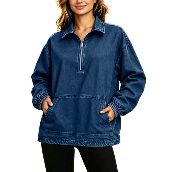 GUACER Denim Sweatshirts for Women Quarter Zip Oversized Long Sleeve Pullovers Jean Coats with Kangaroo Pocket
