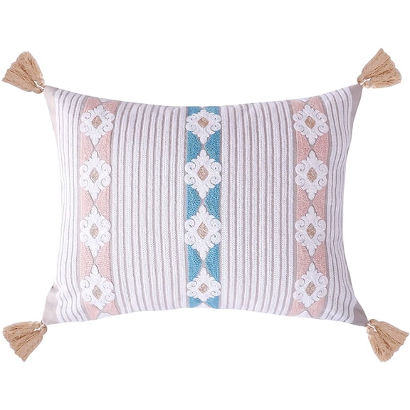 Levtex Home - Ronda Grey - Decorative Pillow (14X18in.) - Embroidered Stripe Medallion - Blue, Taupe, Salmon, White and Neutral