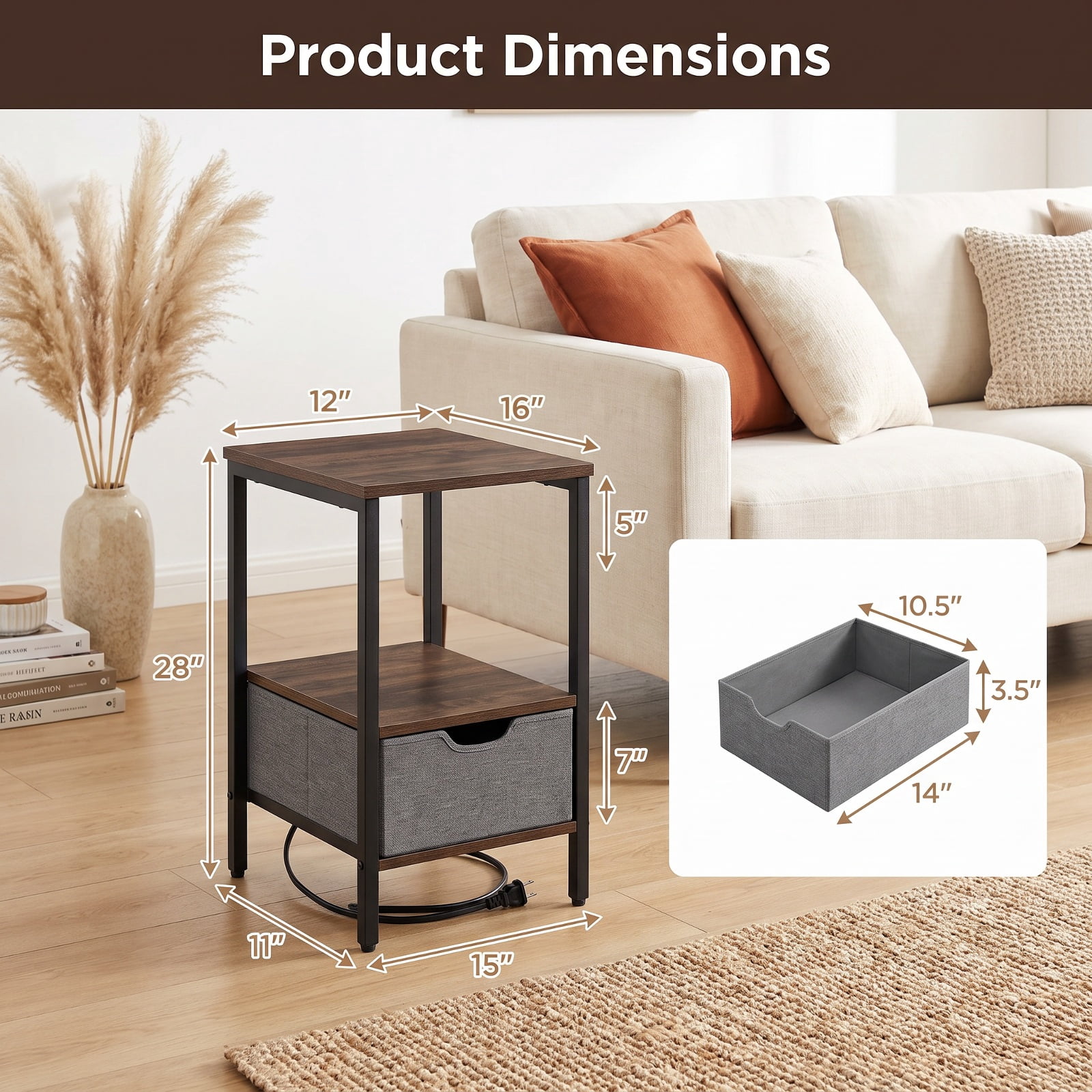 Furnibear Nightstand with Charging Station 28 Inch Tall Bedside Table with Fabric Drawer for Bedroom Living Room Bedside Sofa Side, Rustic Brown