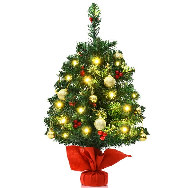 Costway 24'' Pre-Lit Tabletop Christmas Tree PVC Ornaments Lights ...