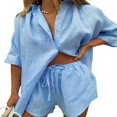thumbnail image 2 of Women Casual Clothes Set Summer Solid Color 3/4 Sleeve Button-up Shirts Tops and Drawstring Shorts Outfits, 2 of 4