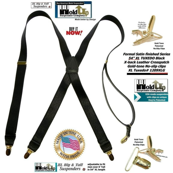 Hold-Ups XL Tuxedo Black Satin Finish 1" Wide, X-back style Suspenders with Patented No-slip Gold Clips