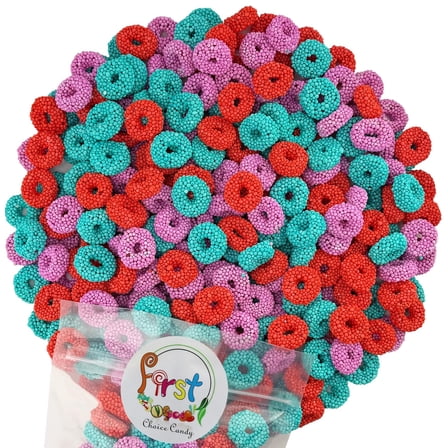 FirstChoiceCandy Gummy Rings, Fruit Flavored Crunchy Coating, Assorted Tropical Punch, Grape, Cherry, Chewy Sweet Treats, Resealable Bag (2 Pound)