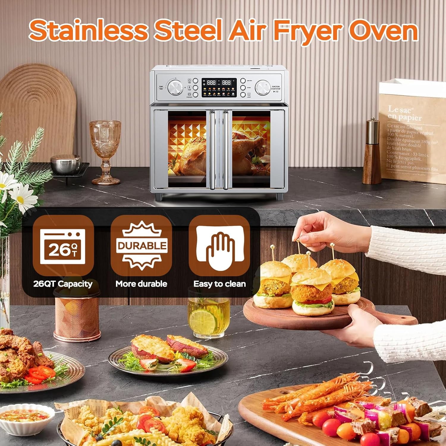 Plum Chef 26QT Large Capacity French Double-Door Air Fryer Convection Toaster Oven, 1700W, 14 Preset Menus, 7-in-1 Multi-Function (Bake, Roast, Gril,Toast,Dehydrate&Defrost), Stainless Steel,silvery