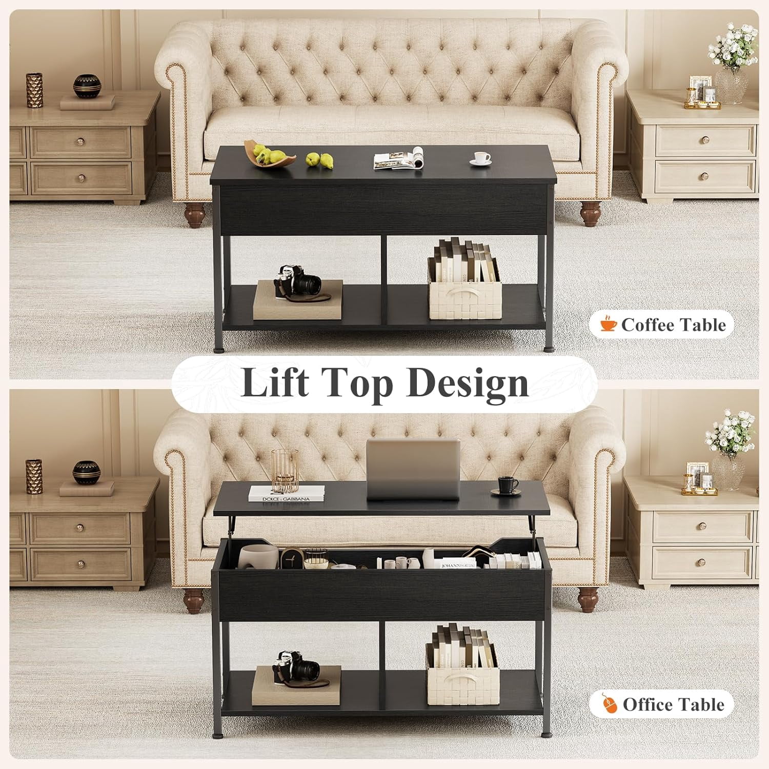 Coffee Table, Lift Top Living Room Coffee Table, Dining Center Tables with Storage Shelf and Hidden Compartment, Black