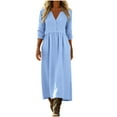 thumbnail image 3 of Yeaiivve Cotton Linen Dress for Women Henly Buttons V Neck Dresses Casual 3/4 Sleeve Smocked Long Maxi Dress Blue,L, 3 of 7
