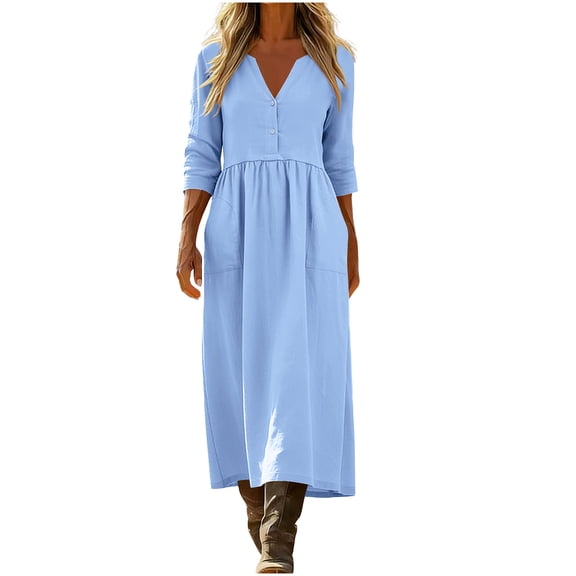 Edvintorg Long Summer Dresses for Women Fashion Casual 3/4 Sleeve Maxi Dress with Pockets Cotton Linen Dress Women Blue M