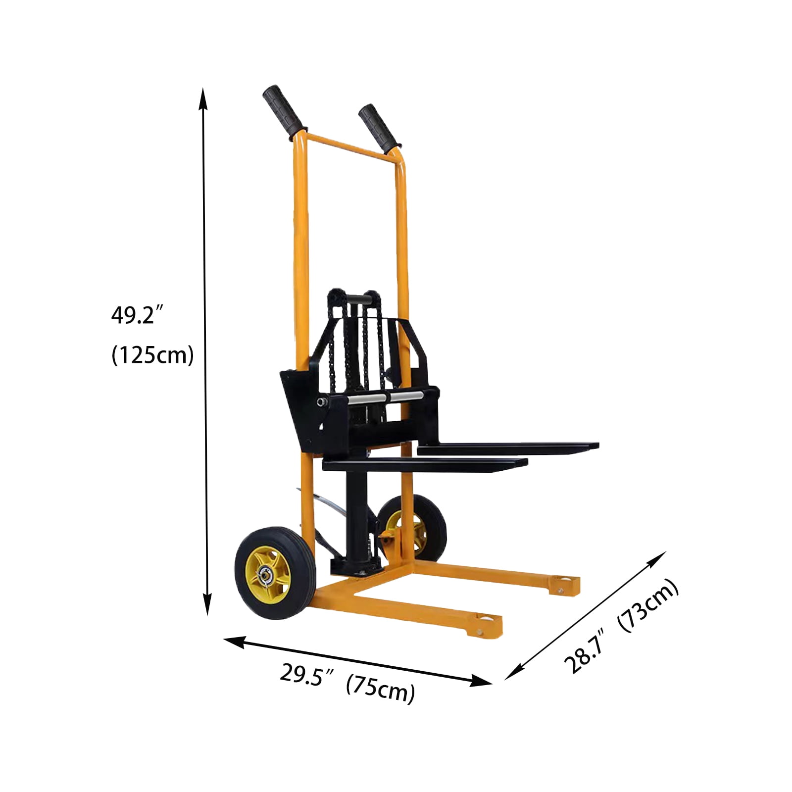 Small Manual Forklift Hydraulic Stacker, Portable Material Lift Truck with Adjustable Forks and Fixed Legs, 440 Lbs Straight Wheel Stacker Truck (Without Pallets)