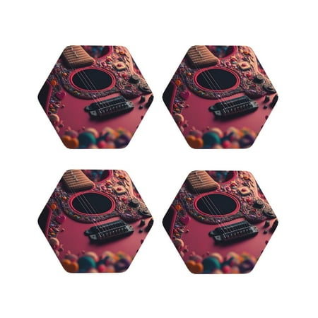 

Fuzoiu Romantic Heart Guitar Print Leather Coasters Set Drink Coasters Set of 4 for Tabletop Protection Durable PVC Coasters Home Décor and Housewarming Gift-Hexagon