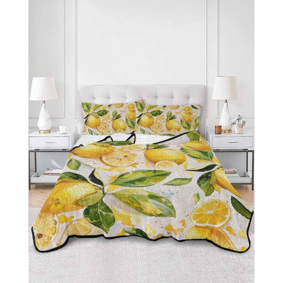 Quilts King Size, Summer Lemon Soft Comforter Bedding Set for Bed, Watercolor Summer Botanical Rustic Yellow Lightweight Quilted Bedspread with Pillow Cover(2 Pieces) for All Season, 96x106 Inch