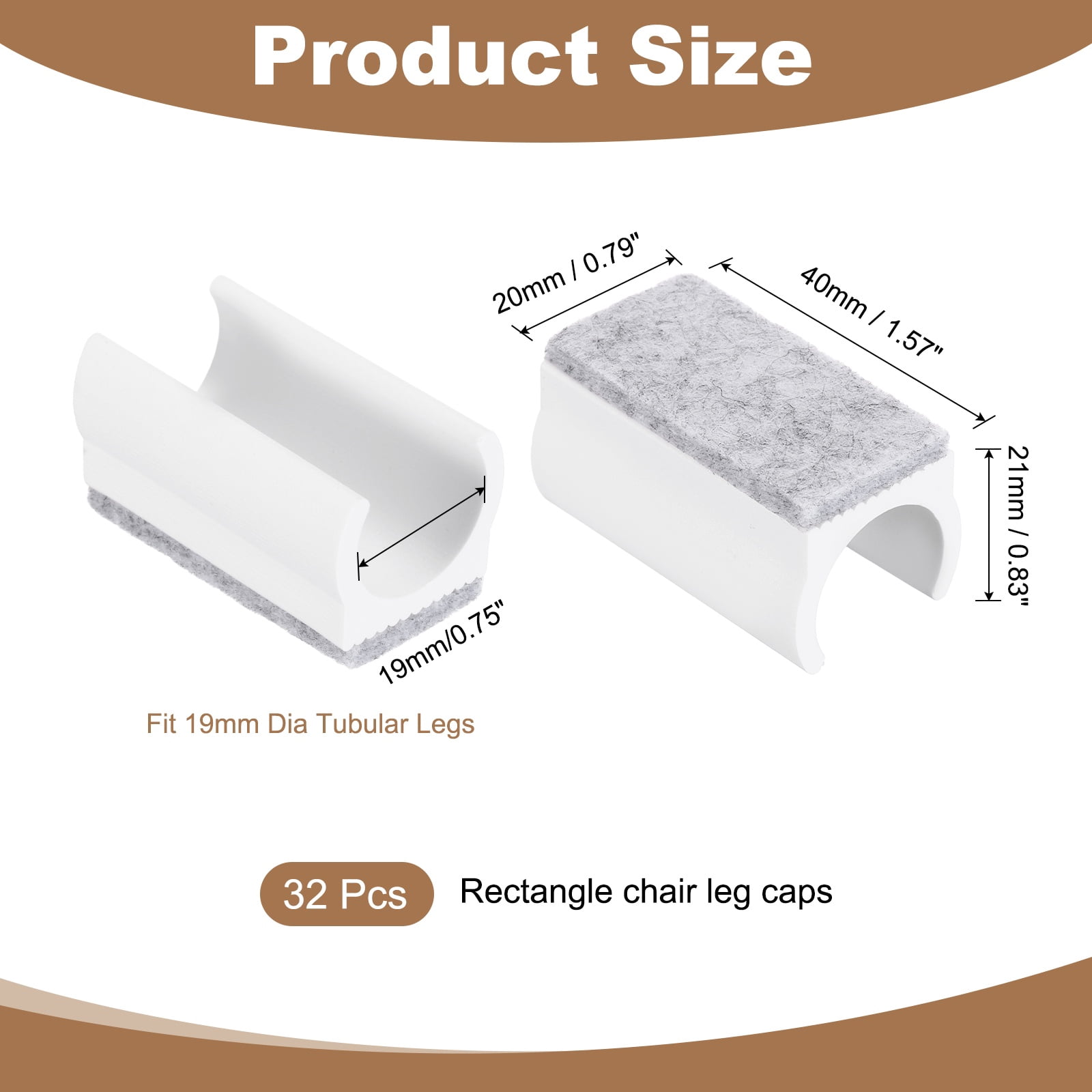 32 Pack Rectangle U Shaped Chair Leg Caps with Felt Pads, Fit 19mm Dia Tubular Legs, Slide Smoothly Furniture Feet Protectors No Scratches No Noise for Hardwood Floors, White