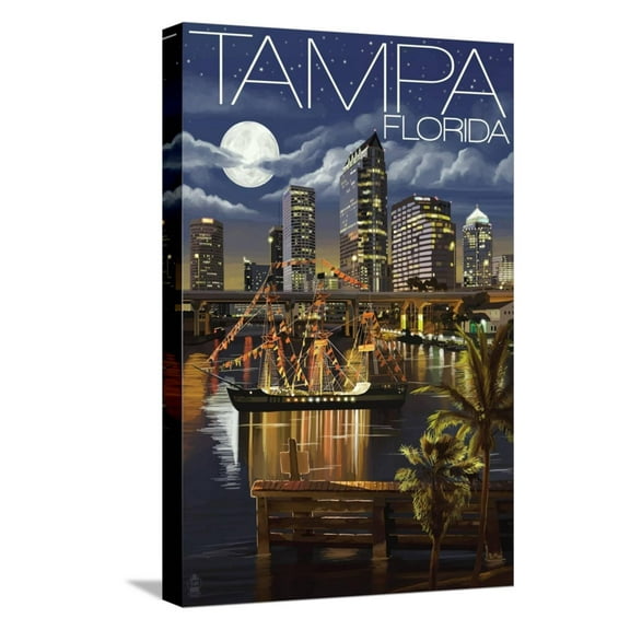 Art.com Tampa, Florida - Skyline at Night Stretched Canvas Print Wall Art by Lantern Press, 12" x 18"