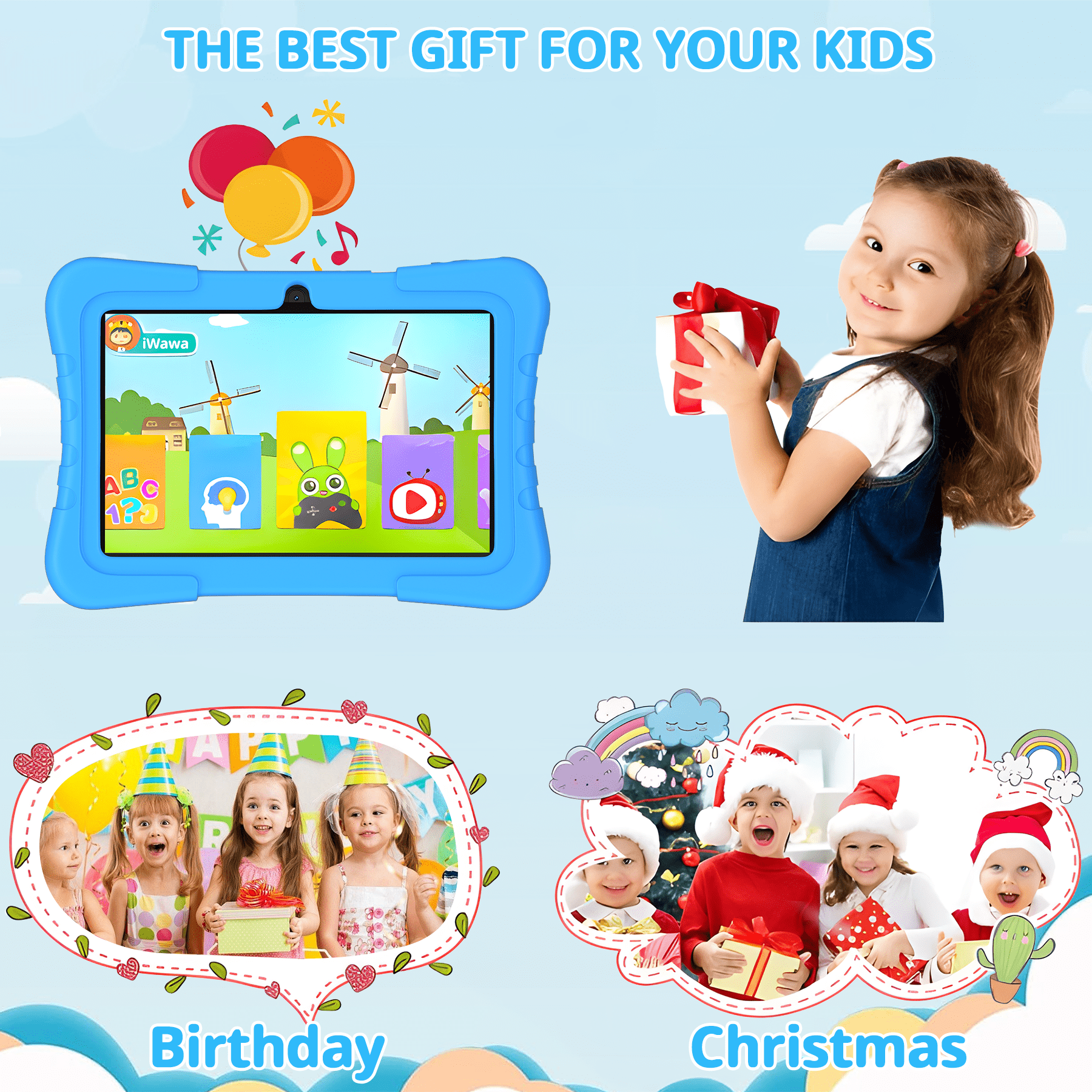 OKE Android 12 Kids Tablet, 7" Tablet for Kids, 32GB (Expandable to 128GB),Quad-Core,Educational Learning, Parental Control,IPS Screen, Dual Camera,Shockproof Case,Toddler Tablet for Kids Age 3+,Blue
