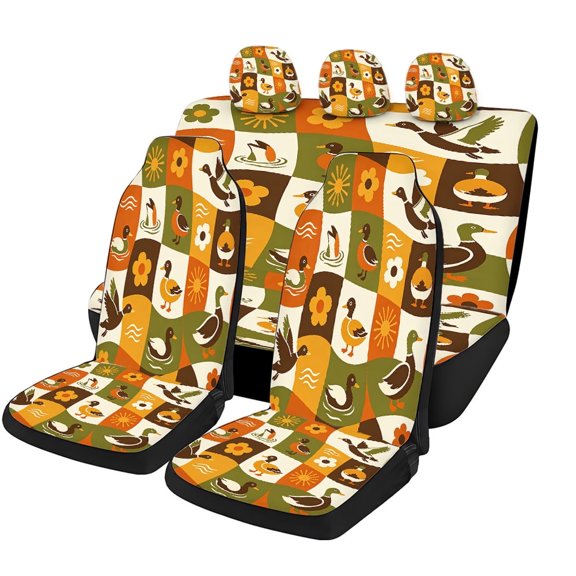 Taplevy Retro Geometric Duck Car Seat Covers Complete 5-Piece Set, Mesh Fabric Universal Fit Protectors for Sedans SUVs Pickup Trucks Vans, Colorful Floral Automotive Interior Decor Accessories