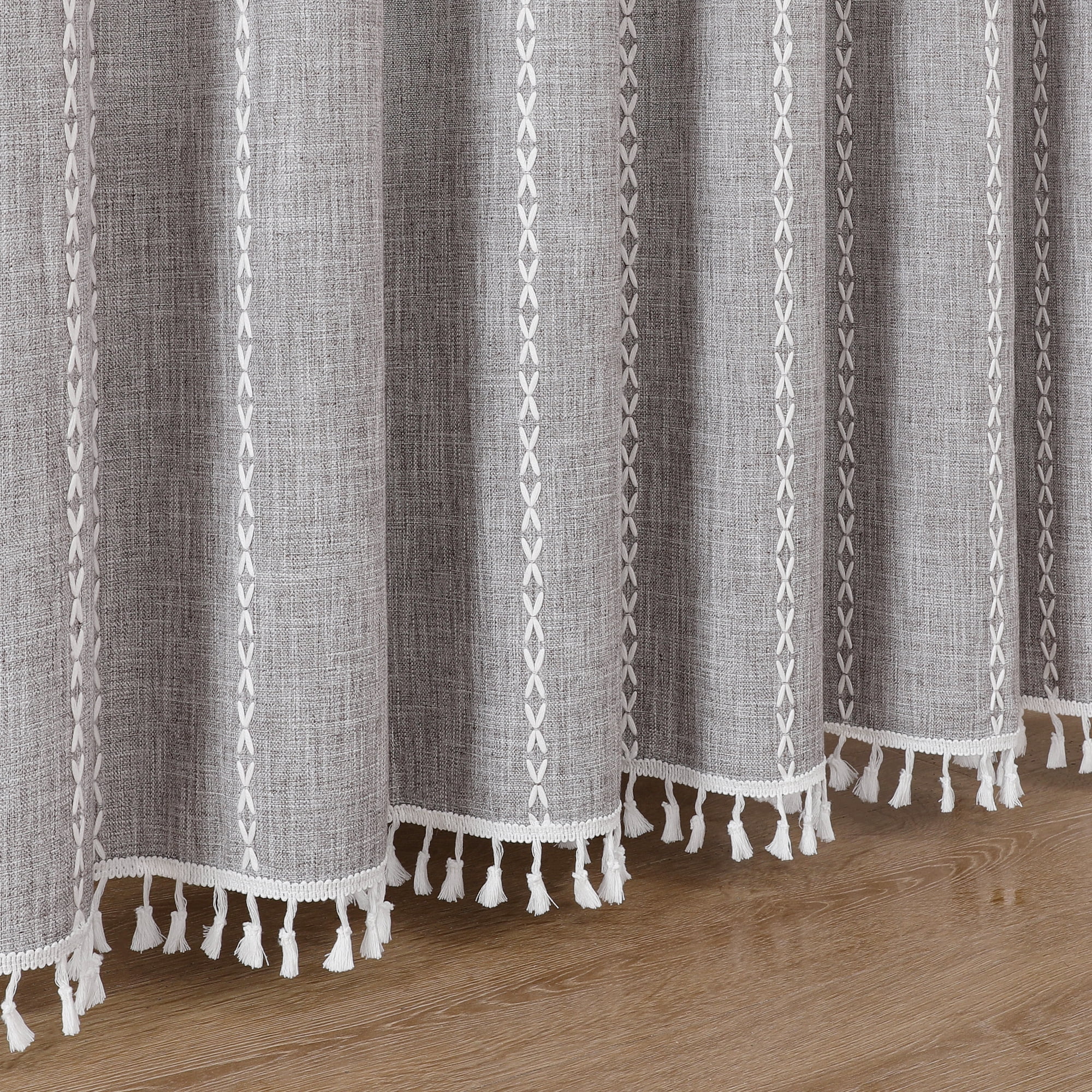 Americanflat 71x71 Woven Linen Gray Shower Curtain with Tassel Accents - Includes 12 Grommets and Hooks - 100% Polyester