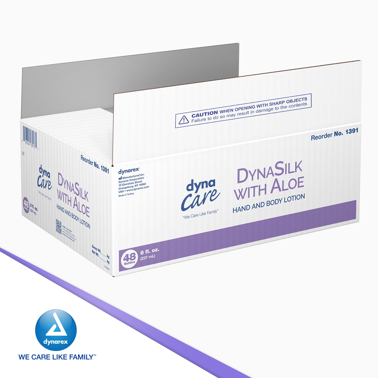 Dynarex DynaSilk with Aloe - Moisturizing Hand & Body Lotion for Dry Skin, Cracking - Non-Greasy Formula with Refreshing Scent - Suitable For All Skin Types - 8 oz., 48 Bottles per Case