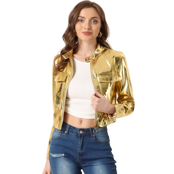 Chaqueta recortada metálica Allegra K para mujer chaquetas holográficas de motorista brillante con cremallera y cuello levantado Oro XL