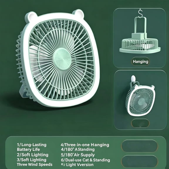 OCCOA 2 In 1 Hanging Desk Rechargeable Fan with LED Night Light, 3 Speed Quiet USB Wireless Fan for Dorm Bedroom Office, Portable Table Ceiling Fan, Green