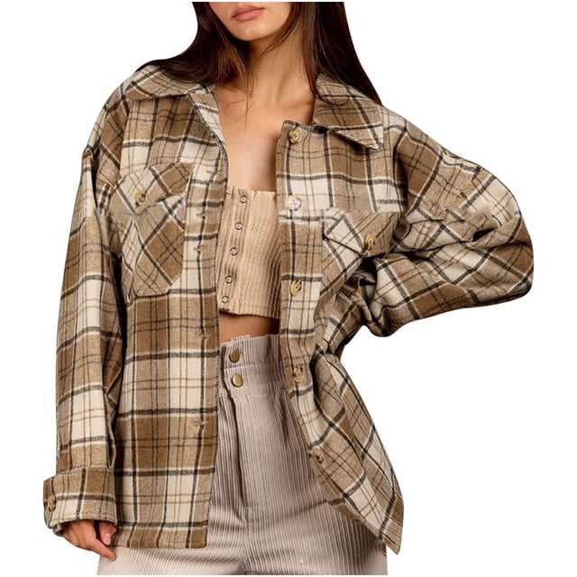 vdgthytj Veste en Flanelle pour Femmes, Décontractée, Manches Longues, Boutonnée, à Carreaux, Mode, Col à Revers, avec Poches