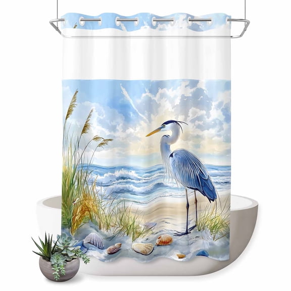No Hook Shower Curtain, Coastal Birds Shower Curtains for Bathroom with See Through Top Window, Blue Sky Heron Seabird Tropical Beach Waterproof & Washable Bath Curtain 60"x72"