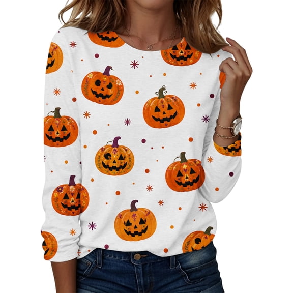 Bexdxz Halloween Long Sleeve Shirts for Women Plus Size Halloween Costumes Woman Funny Pumpkin Crewneck Tops Casual Outfits Earthy Yellow XL