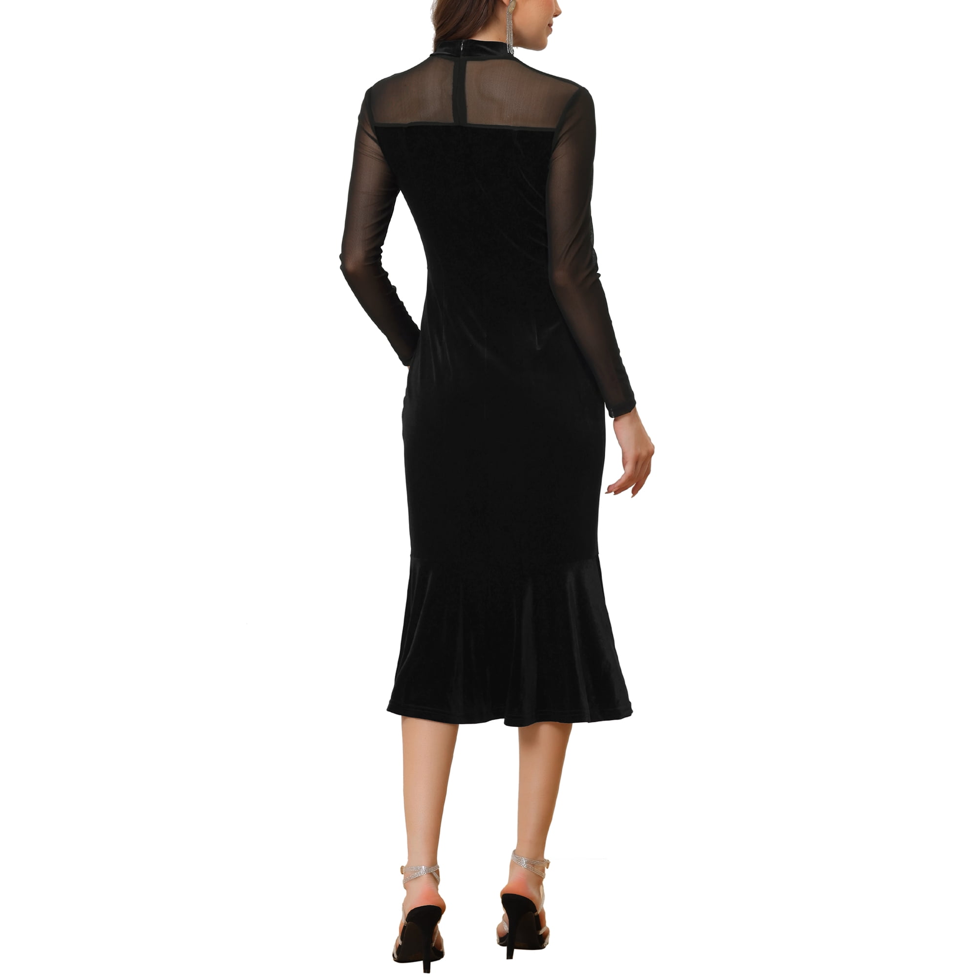 Unique Bargains Bodycon Dress for Women Elegant Velvet Sheer Mesh Mock Neck Midi Cocktail Dresses Black S Walmart