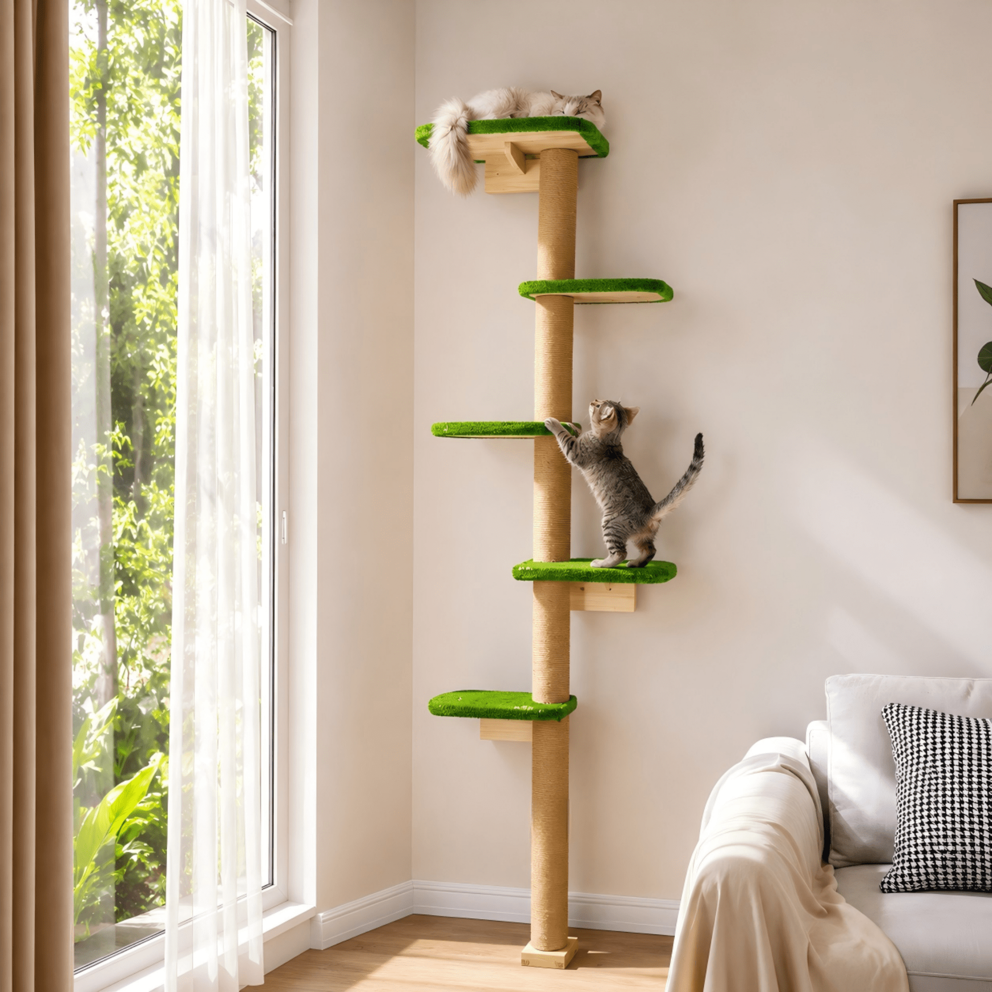 Peluomoz Green Adjustable Floor to Ceiling Cat Tree with 5 Plush Platforms, 83 in