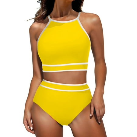 BUIgtTklOP Omen s High Waisted Bikini Sets Sporty Two Piece Swimsuits Color Block Cheeky High Cut Bathing Suits