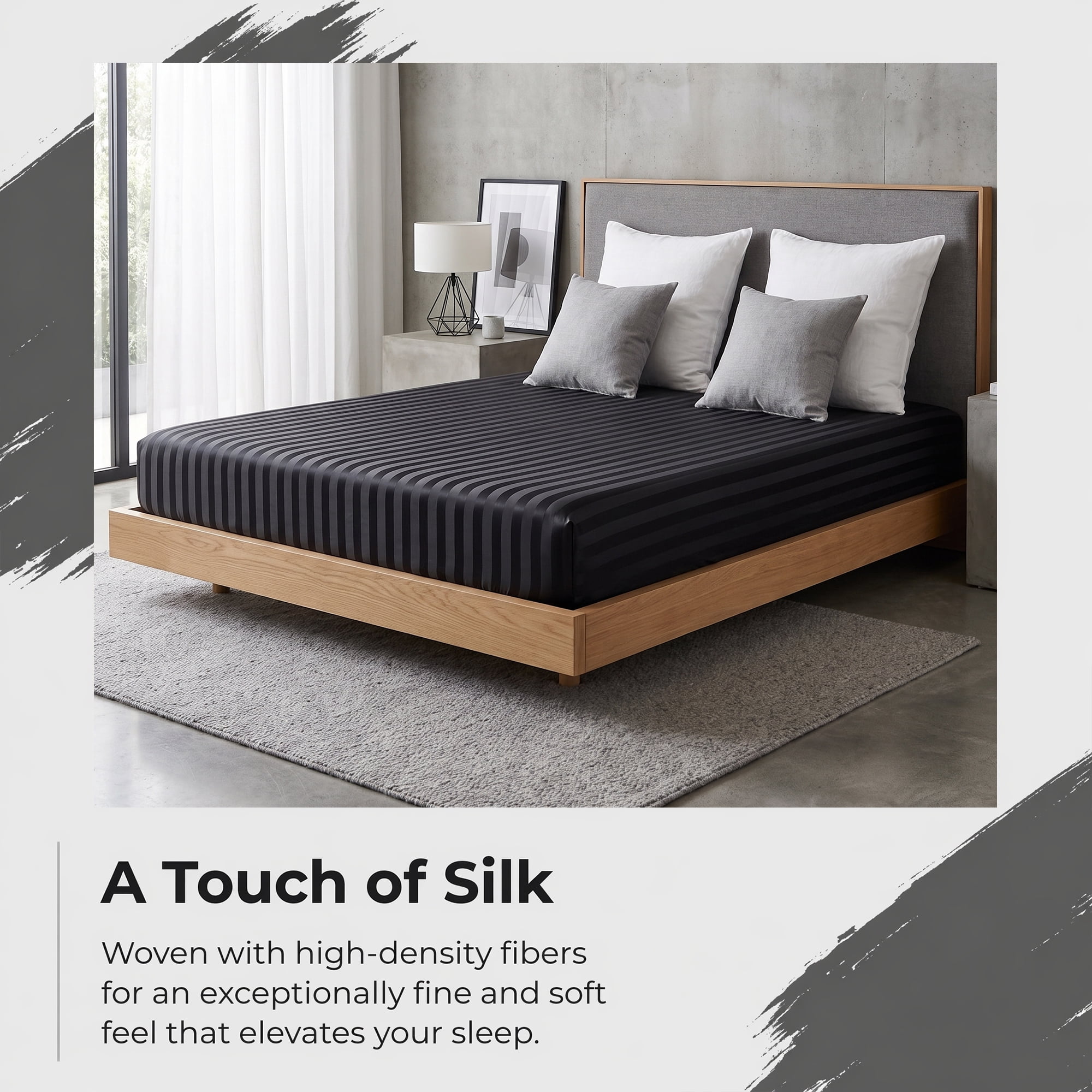 Unique Bargains Fitted Polyester Satin Strip Bed Sheets Wear Resistant 78.0"x79.9" Black