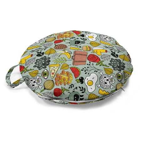 

Grunge Round Floor Cushion with Handle Various Skull Omelet Watermelon Onion Mushroom Cooking Eye Banana Food Illustration Pillow for Living Room & Dorms 18 Round Multicolor by Ambesonne