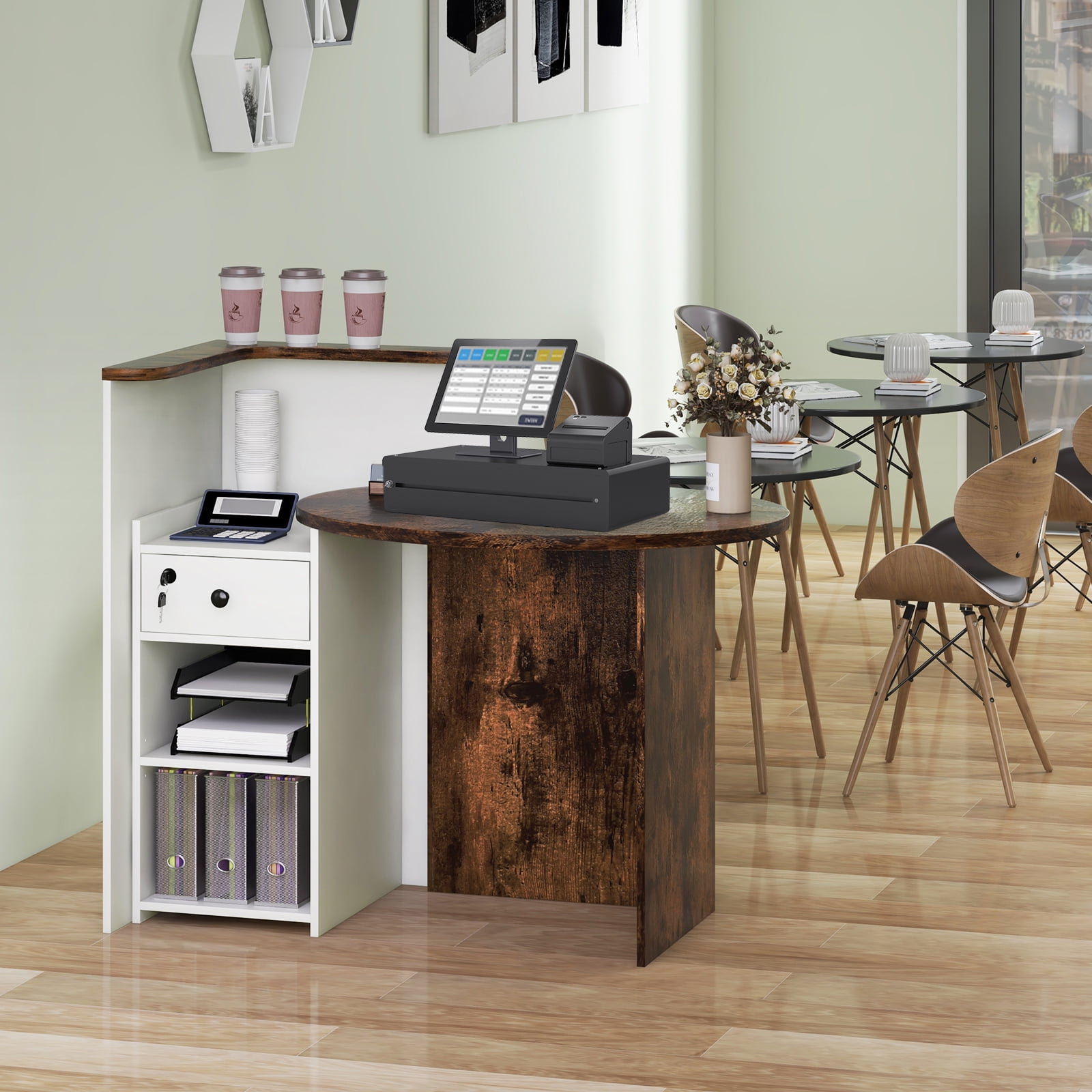 Giantex Reception Desk, Computer Workstation w/Lockable Drawer & Open Shelves, Checkout Counter, Rustic Brown & White