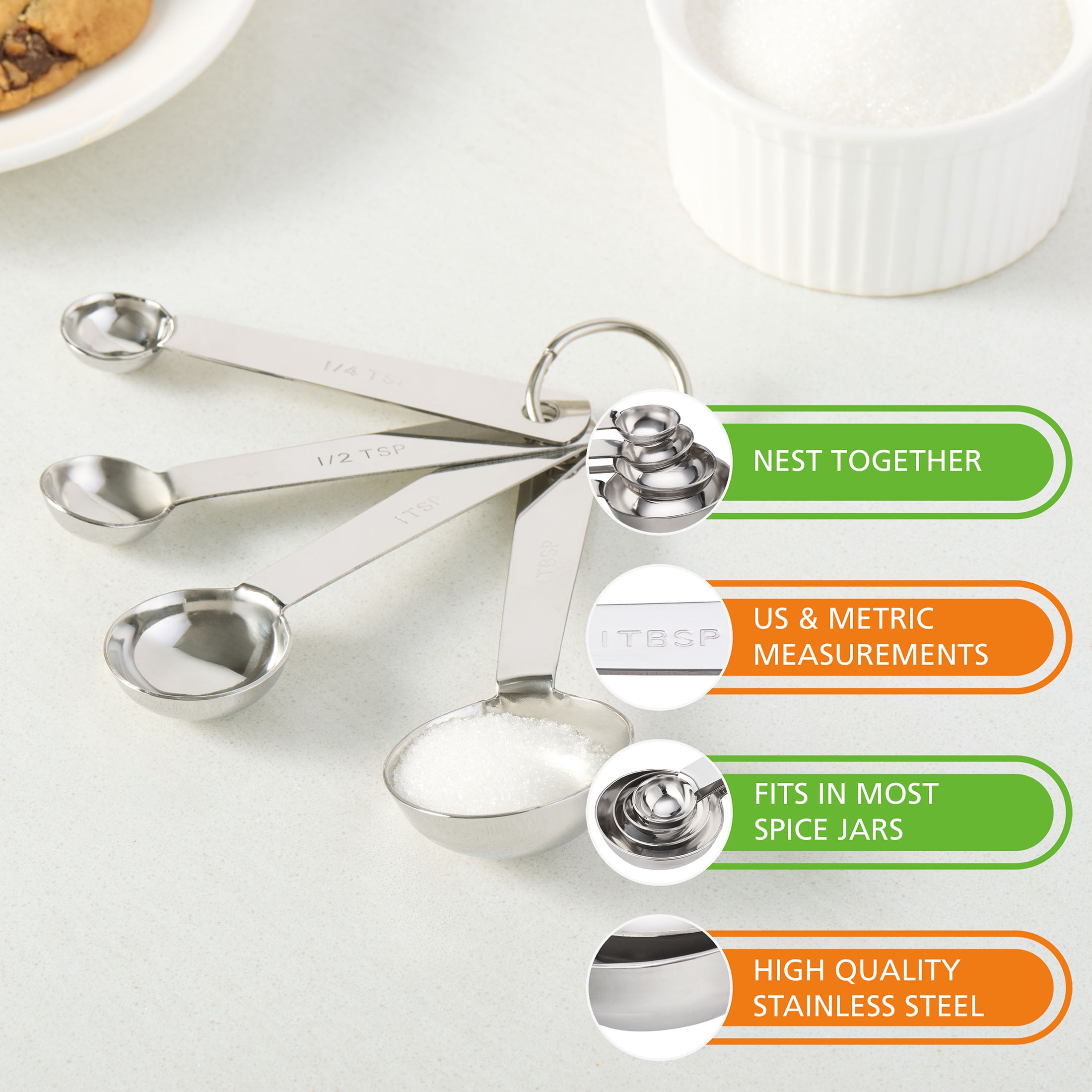 Mainstays Kitchen Stainless Steel 4-Piece Nesting Measuring Spoons Set, Stainless Steel Finish
