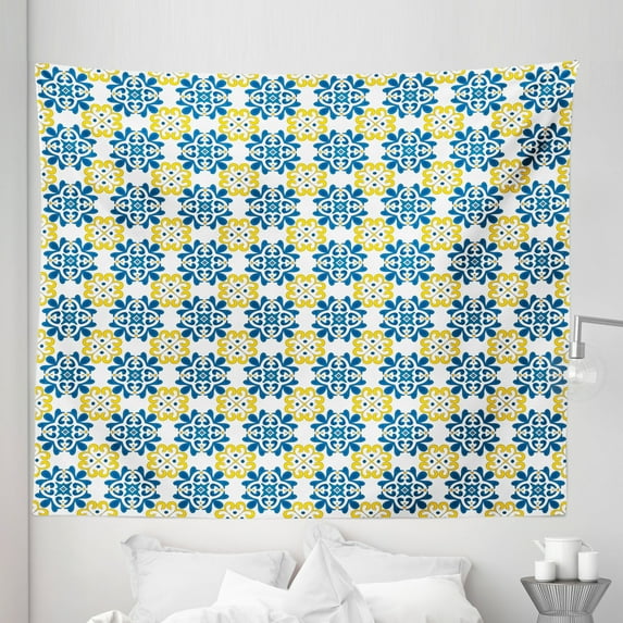 Spanish Tapestry, Traditional Portuguese Tiles Mosaic Azulejo with Effects, Fabric Wall Hanging Decor for Bedroom Living Room Dorm, 5 Sizes, Cobalt Blue Yellow White, by Ambesonne