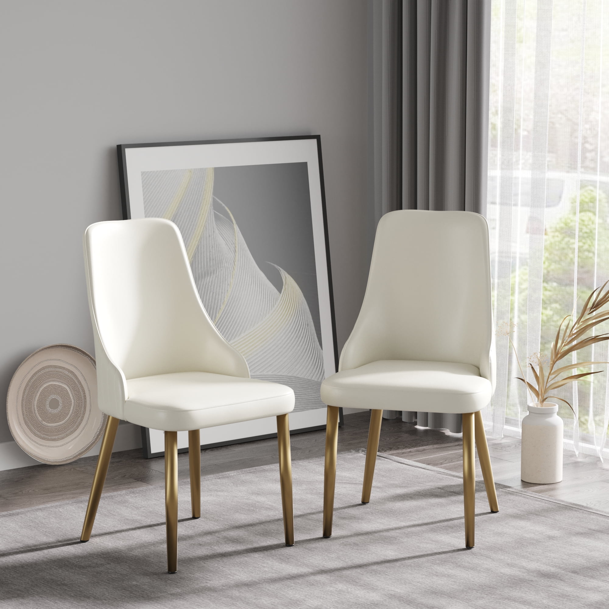 LovingAHome Upholstered Dining Chairs Set of 2,36.6" Modern Dining Chair with Gold Metal Frame&Backrest,Faux Leather Dining Chair for Living Room/Dining Room/Reception Room/Studio(Beige)