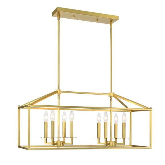 8-Light Rectangle Gold Pendant Lighting Kitchen Island Modern Chandelier for Dining Room, Living Room with Adjustable 36 inch Rod