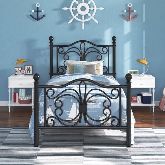 Twin Size Metal Platform Bed Frame With Butterfly Design Headboard And Footboard, No Box Spring Needed, Easy Assembly, Black