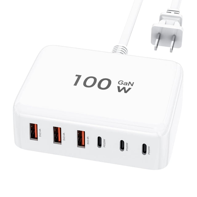 GaN - Cargador rápido USB C de 100 W con bloque compacto de 6 puertos GaN estación de carga HUB Bric
