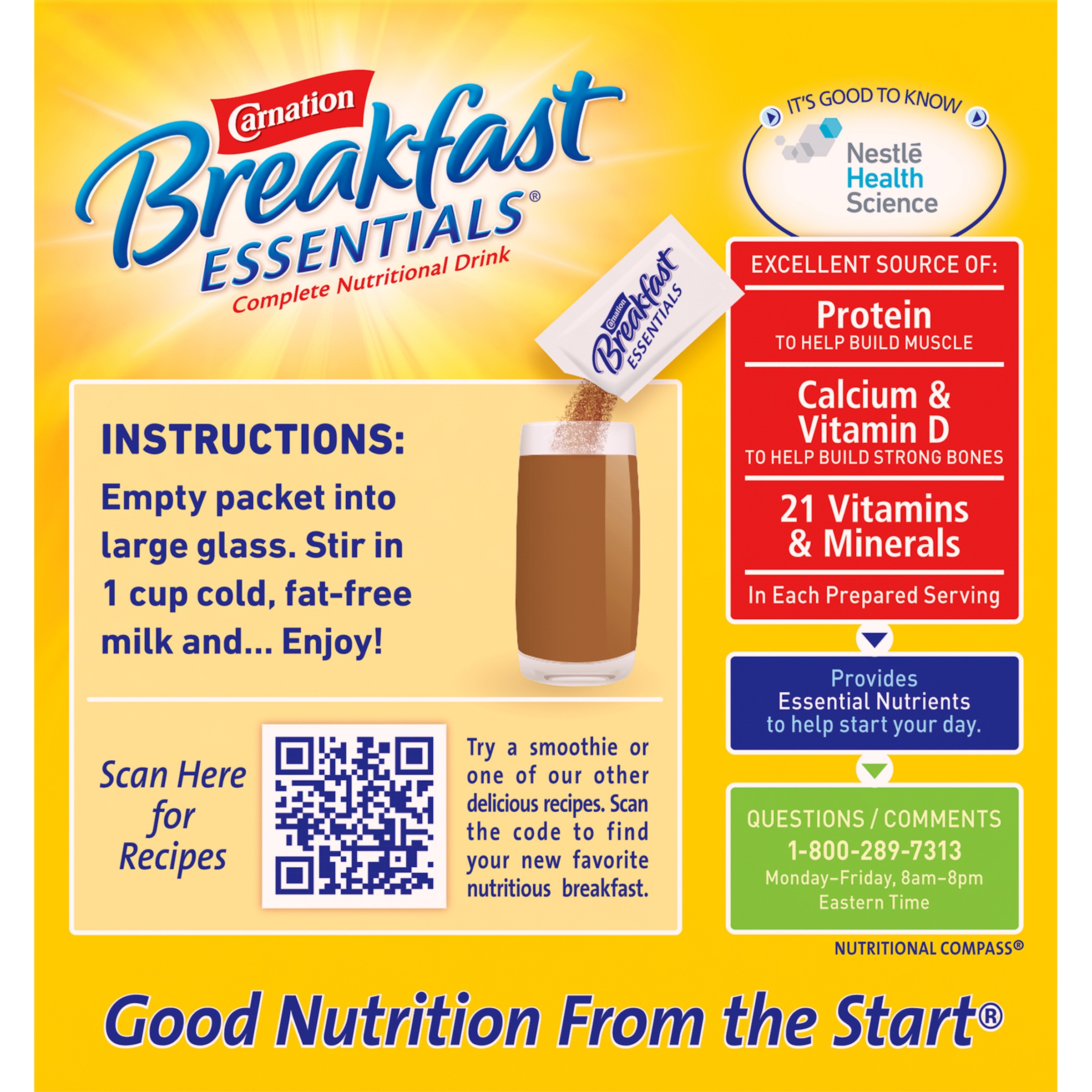 Carnation Breakfast Essentials Powder Protein Nutritional Shake Drink Mix Packets, Rich Milk Chocolate Breakfast Shake, 22 Count